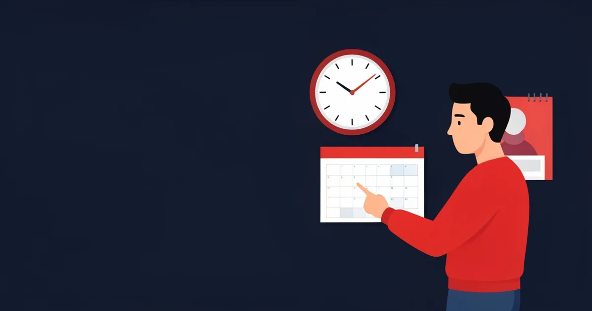 Illustration of a creator looking at a wall clock and a wall calendar while deciding when to publish