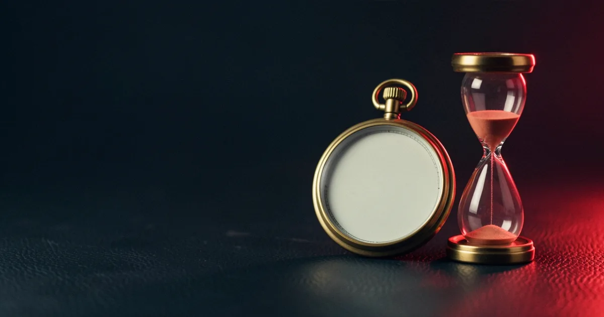 A brass pocket watch with a blank dial beside a small hourglass on dark leather under a red light
