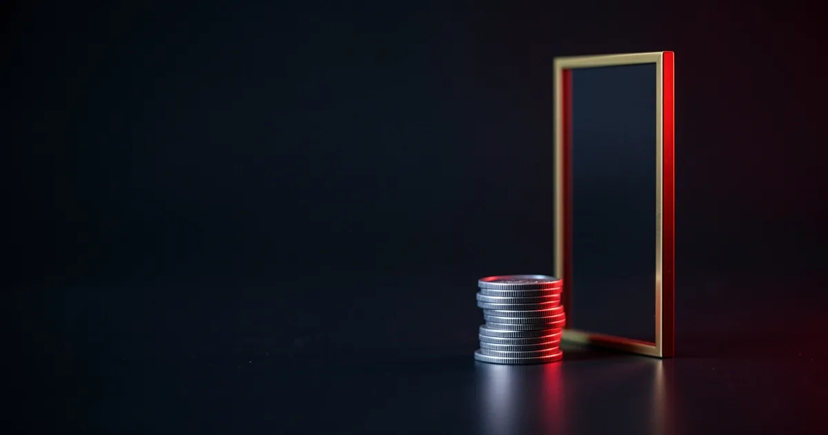 A tall narrow brass frame standing beside a small stack of silver coins on a dark table