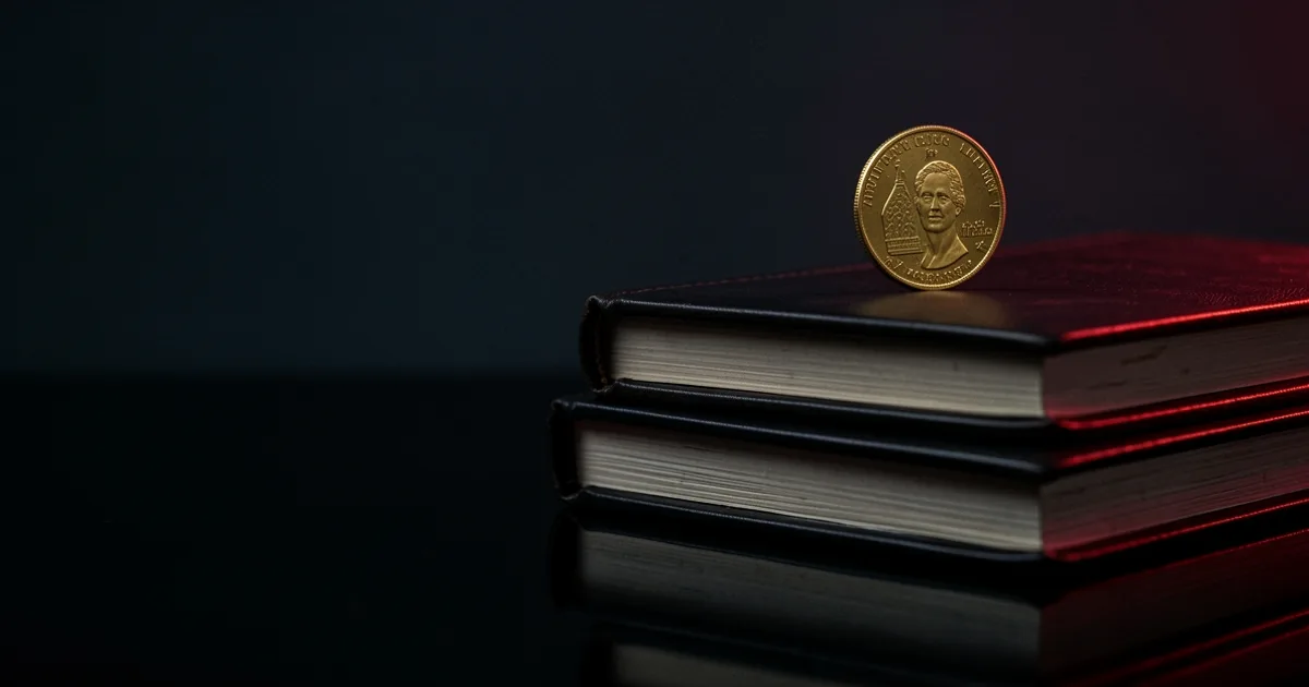 A single gold coin balanced on a stack of dark ledger books under a red light