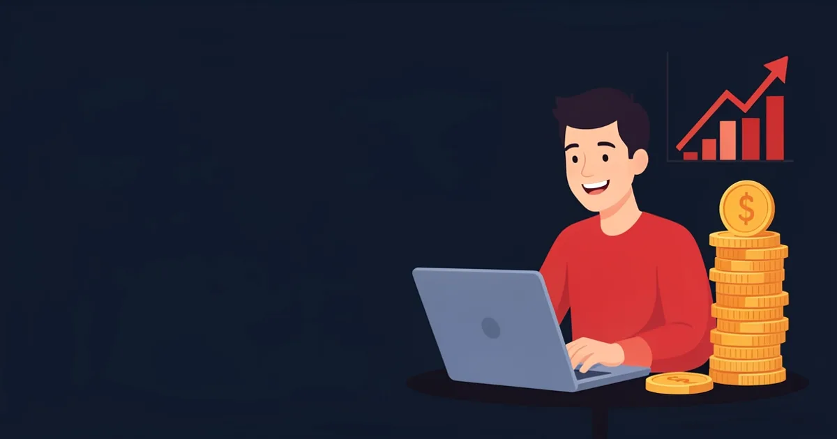 Illustration of a creator counting coins beside a laptop with a rising chart