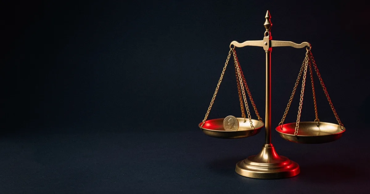 A brass balance scale with a single coin on one pan