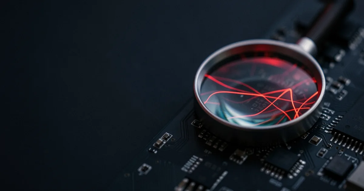 A magnifying lens on a dark circuit board revealing glowing red traces