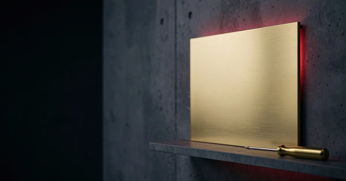 A blank brushed brass panel on a dark concrete wall with a small screwdriver beside it, under a red light