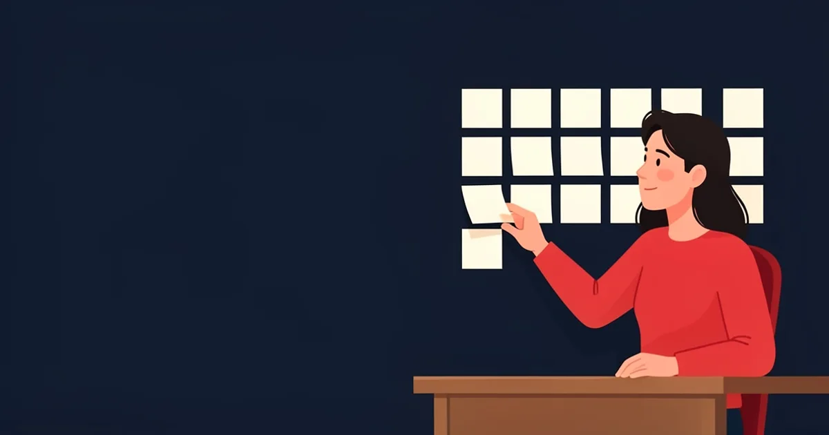 Illustration of a person at a desk writing name ideas on blank cards