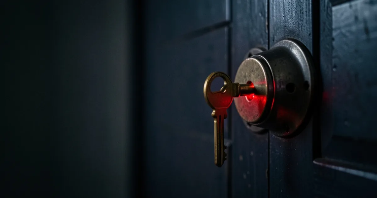 A brass key in the lock of a dark steel door with red light showing through the gap