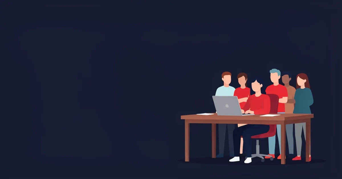 Illustration of a creator at a desk with a laptop and a small growing crowd of icons