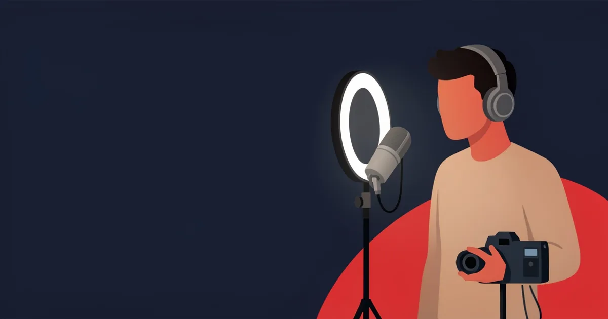Illustration of a person setting up a small home studio with a microphone, ring light and camera