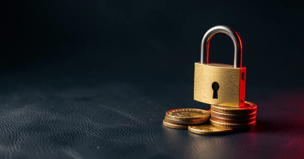A brass padlock resting on a stack of gold coins
