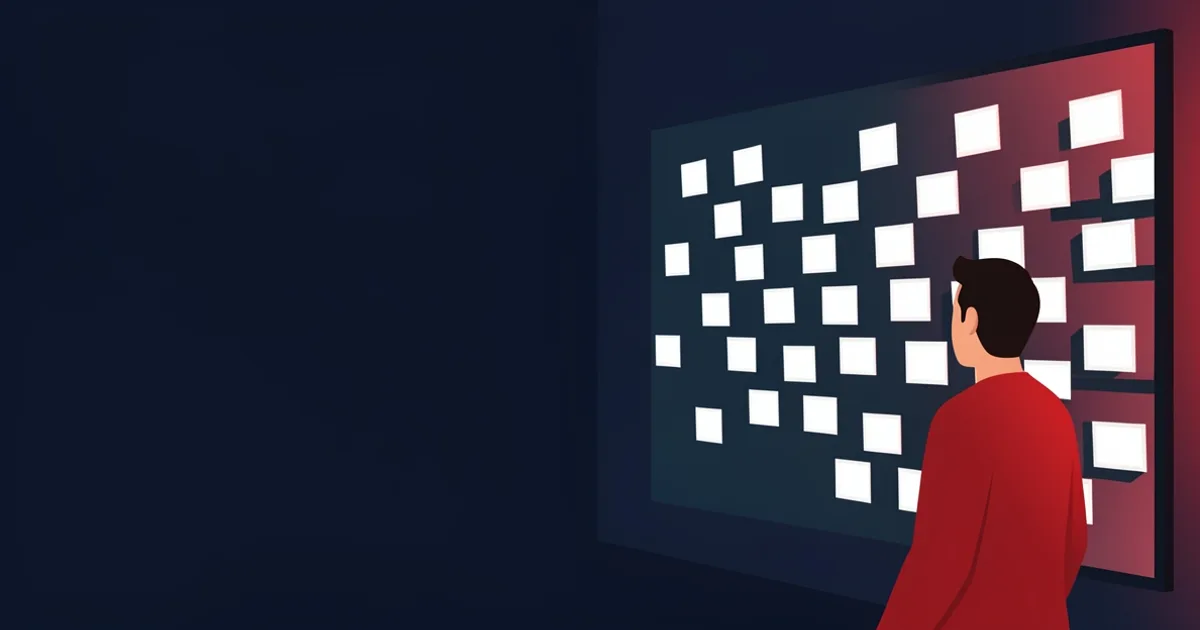 Illustration of a person watching a stream of small video cards flow across a large screen