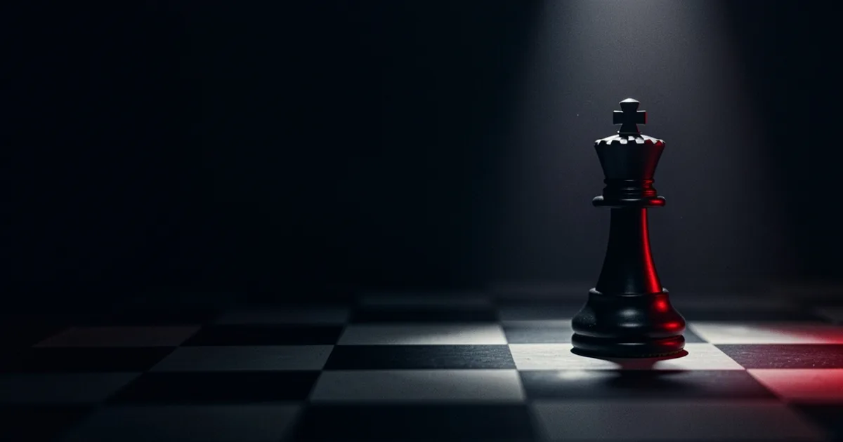 A black chess king in a narrow cone of light on a dark board
