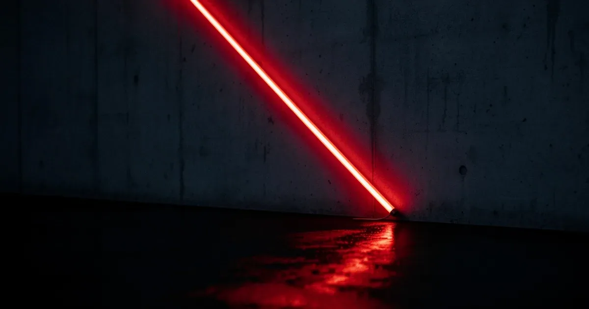 A red neon line falling steeply from the upper left to the floor on a dark concrete wall