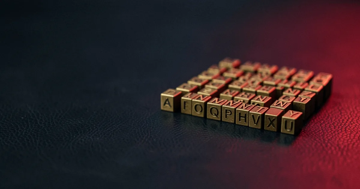 A cluster of small brass letter stamps arranged on dark leather under a red light