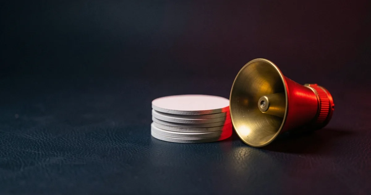 A brass megaphone lying beside a stack of blank round tokens on dark leather under a red light