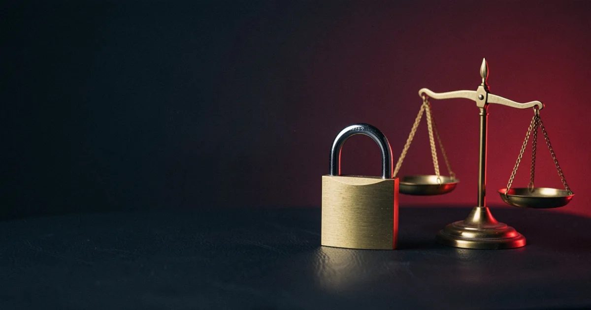 A brass padlock beside a small brass scale on dark leather under a red light