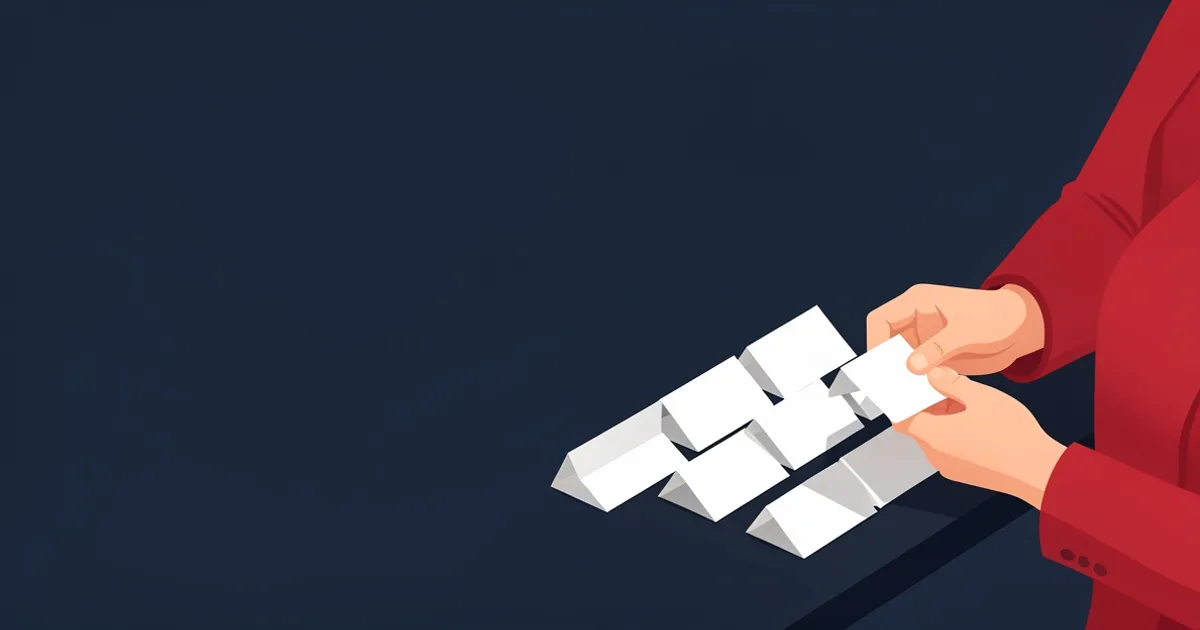 Illustration of a person at a desk choosing between several name cards