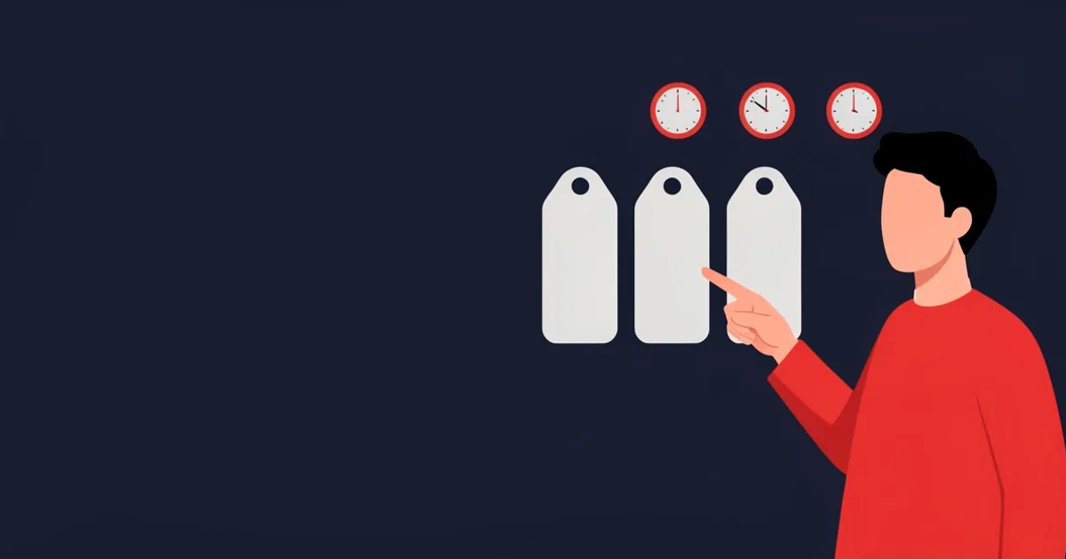 Illustration of a person reading a list of short labels and time markers on a screen