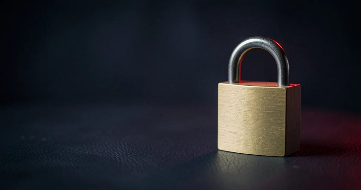 A closed brass padlock standing on dark leather under a red light