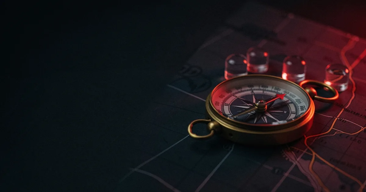 A brass compass on a dark map beside several small glass markers