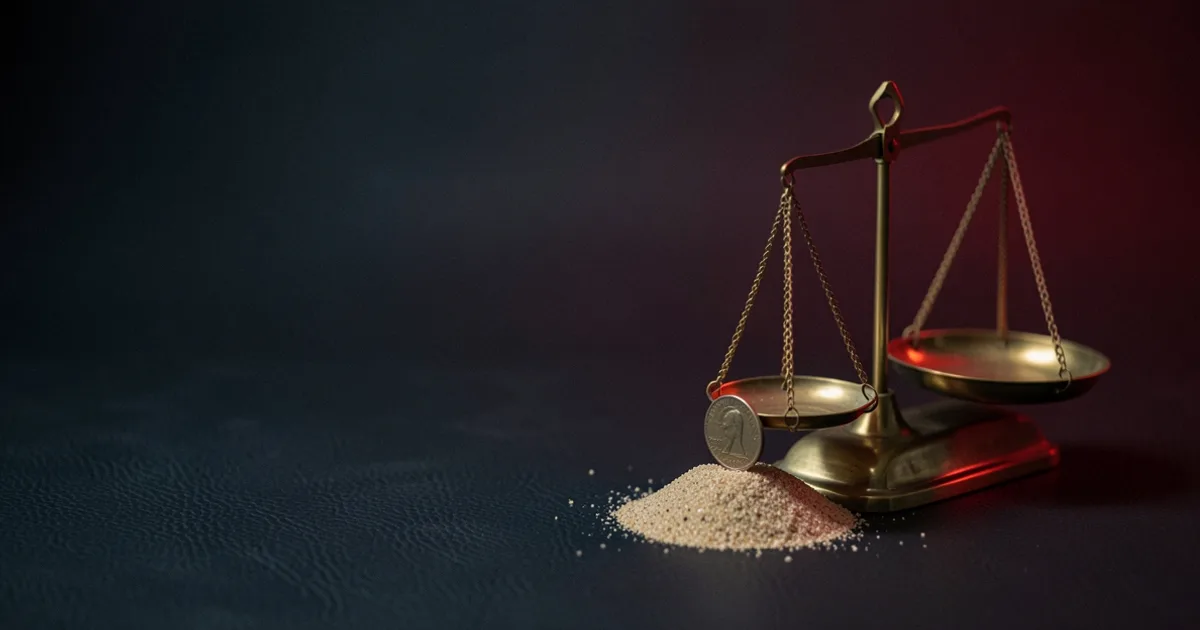A small brass scale with a coin leaning against a pile of sand under a red light