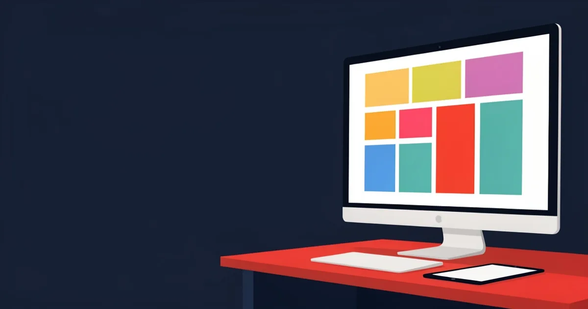 Illustration of a creator at a desk with a monitor showing a grid of blank video thumbnail cards