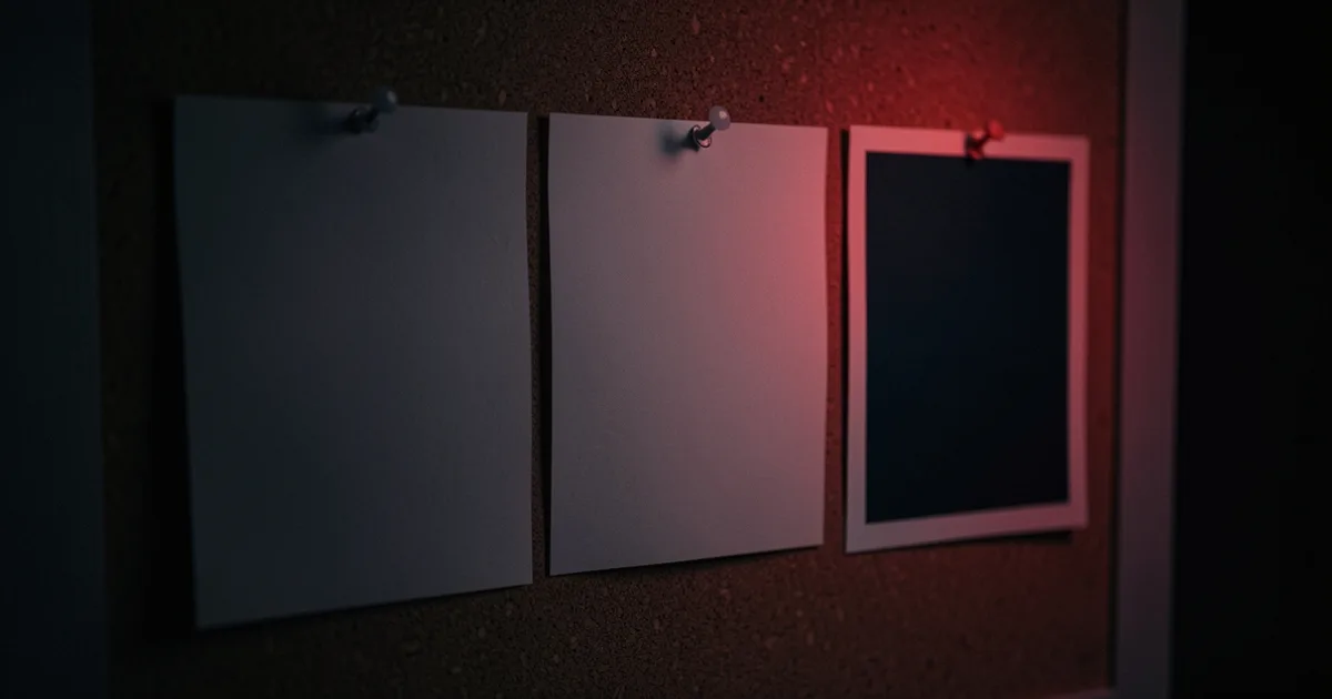 Three blank prints pinned side by side on a dark cork board under a red light