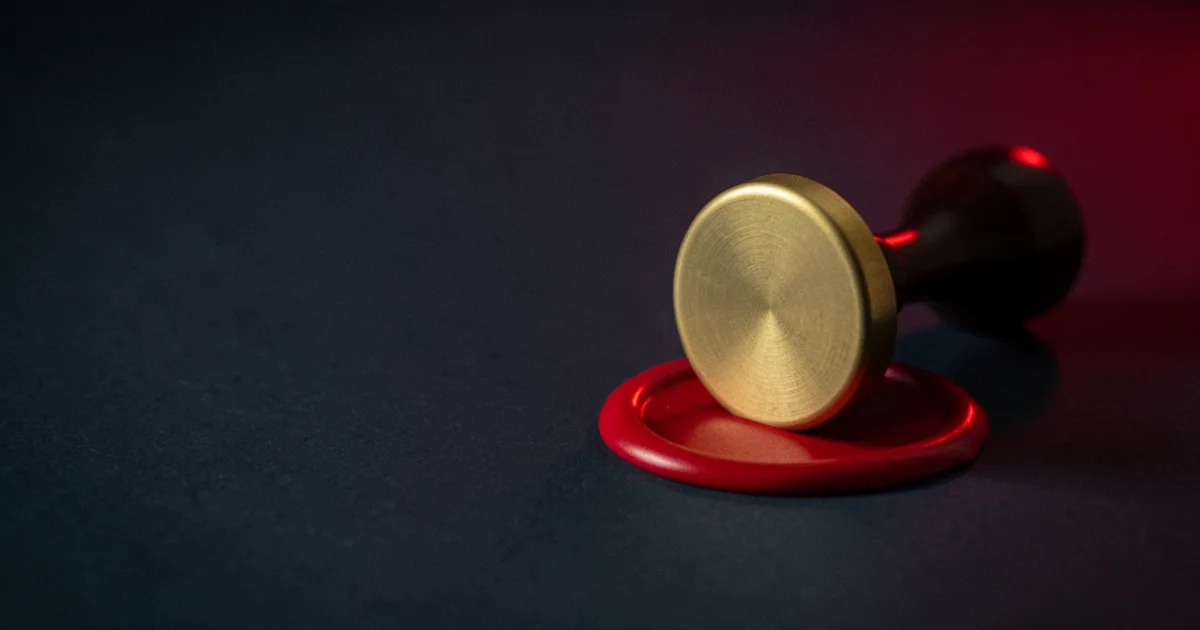 A brass wax seal stamp resting on a pool of red wax on dark paper